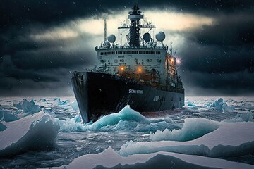 Poster - large ship with icebreaker travels on dark water of arctic sea, created with generative ai