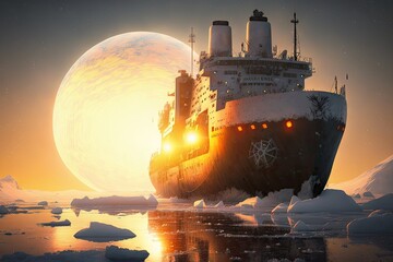 Canvas Print - powerful ship with icebreaker and huge glowing sun, created with generative ai