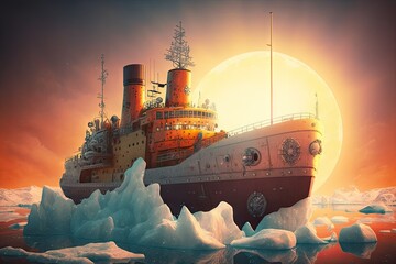 Sticker - powerful ship with icebreaker and huge glowing sun, created with generative ai