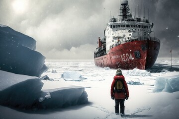 Canvas Print - one person trying to get across icebreaker area in winter, created with generative ai