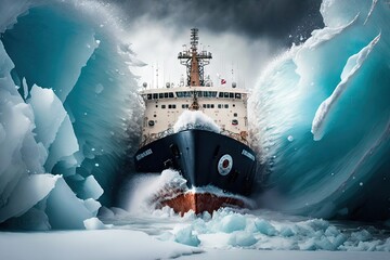 Sticker - icebreaker ship with thick boarding breaking hole in ice, created with generative ai