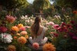 Woman Sitting Back In Lotus Pose In A Garden, Surrounded By Blooming Flowers . Generative AI