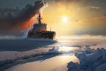 Canvas Print - ship going along seacoast under sunlight with icebreaker, created with generative ai