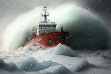 Sticker - powerful snowstorm and icebreaker going through strait to rescue people, created with generative ai