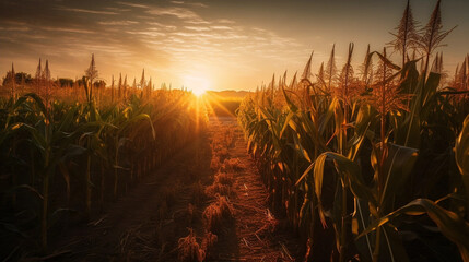 cornfield in a sunset orange scene