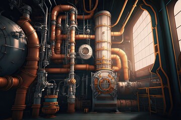 Poster - steampunk style futuristic factory full of pipes and gears industrial modern 4.0, created with generative ai