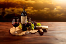 A Wooden Table Topped With A Bottle Of Wine And Two Glasses Of Wine