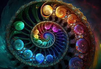 Wall Mural - Colorful spiral, fantasy color swirls, surreal fractal, light fractal, vortex, symbol on dark background. Generative Ai.