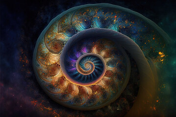 Wall Mural - Colorful spiral, fantasy color swirls, surreal fractal, light fractal, vortex, symbol on dark background. Generative Ai.