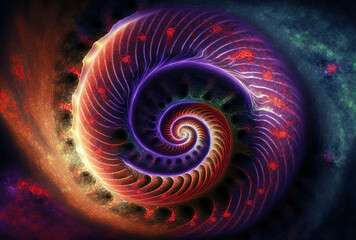Wall Mural - Colorful spiral, fantasy color swirls, surreal fractal, light fractal, vortex, symbol on dark background. Generative Ai.