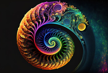Wall Mural - Colorful spiral, fantasy color swirls, surreal fractal, light fractal, vortex, symbol on dark background. Generative Ai.