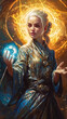 Blonde young sorceress or goddess performing her magic. Created with Generative AI technology.