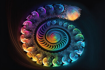 Wall Mural - Colorful spiral, fantasy color swirls, surreal fractal, light fractal, vortex, symbol on dark background. Generative Ai.