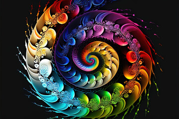 Wall Mural - Colorful spiral, fantasy color swirls, surreal fractal, light fractal, vortex, symbol on dark background. Generative Ai.
