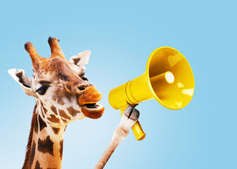 funny giraffe is holding a loudspeaker and shouting on a blue background. attention and africa, crea