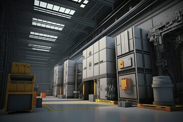 Sticker - modular machine warehouse in industrial modern 4.0 background, created with generative ai