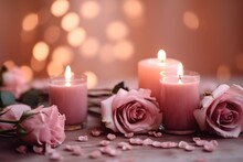  A Group Of Three Candles With Pink Roses On A Table.  Generative Ai