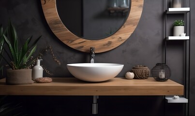 Modern elegant bathroom interior with vessel sink, generative ai