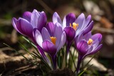 Fototapeta Kwiaty -  a group of purple flowers sitting on top of a forest floor.  generative ai