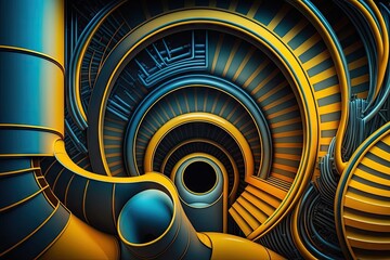 Poster - concentric pipes of modern industry 4.0 in blue yellow tones, created with generative ai