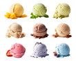 Colorful ice cream scoops with decor on a transparent background