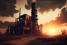 Industrial Ruin With Sun Setting In The Background, Creating Dramatic And Moody Scene, Created With Generative Ai