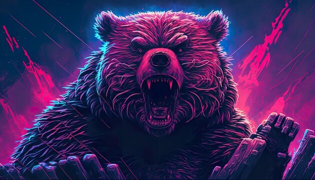 Angry bear synth wave . Creative illustration. (Ai Generate)
