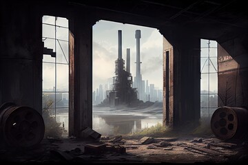 Wall Mural - industrial ruin, with view of modern cityscape in the distance, created with generative ai