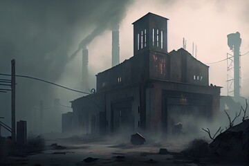 Wall Mural - industrial ruin with foggy mist, creating a mysterious and otherworldly atmosphere, created with generative ai