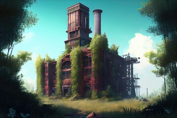 Wall Mural - industrial ruin towering over lush and verdant landscape, created with generative ai