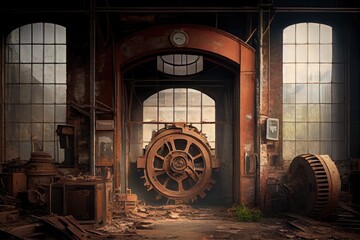 Sticker - old factory, with broken windows and rusty machinery left behind, created with generative ai