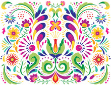Mexican Flower Traditional Pattern Background. Ethnic Embroidery Decoration Ornament. Flower Symmetry Texture. Ornate Folk Graphic, Wallpaper. Festive Mexican Floral Motif. Vector Illustration