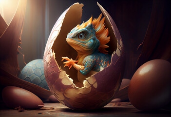 Wall Mural - Baby dragon in the egg in a morning. Generate Ai.