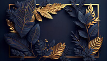 Background Frame With Golden And Blue Tropical Leaves. Generate Ai.