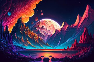 Wall Mural - Abstract Vivid Colors Landscape of Mountains and Sky - Colorful Bright Warm Neon Colors -  Generative AI