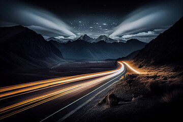 Highway long exposure at night with glowing lines from the car. Generative AI, Generative, AI