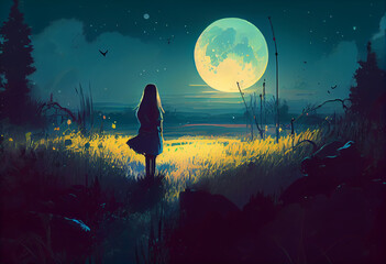 Wall Mural - A girl with a big moon on meadow. Generate Ai.