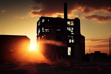 Sticker - industrial ruin, with the sun setting behind it, and silhouette of the building visible, created with generative ai