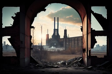 Wall Mural - industrial ruin, with view of modern cityscape in the background, created with generative ai