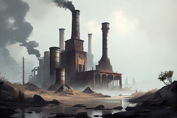 Poster - industrial ruin, with smoke and steam rising from its chimneys, amidst quiet landscape, created with generative ai