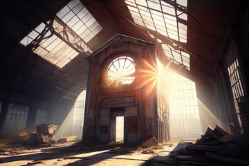 Canvas Print - industrial ruin, with sunbeams shining through the broken roof and walls, created with generative ai