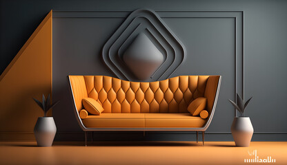 Wall Mural - modern living room , grey wall engraving and a blue sofa fabric -AI Generative 
