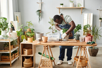 Full length portrait of black man as male gardener repotting plants indoors at wooden table, copy space