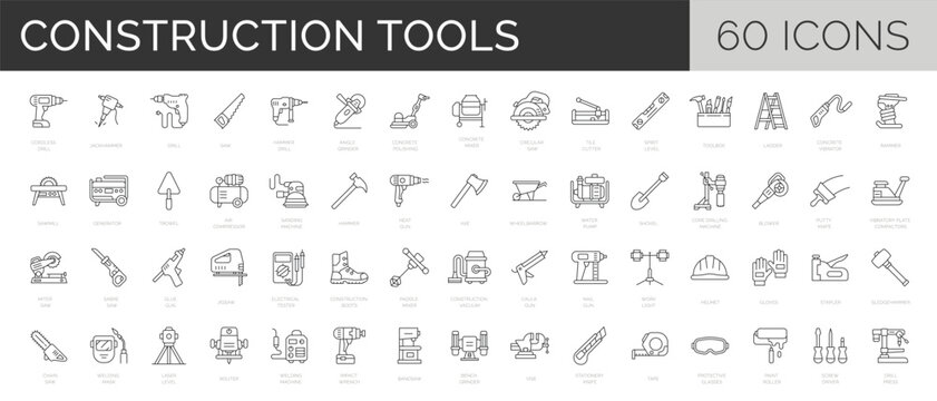 set of 60 construction tools, instruments, equipment. outline renovation symbols collection. editabl