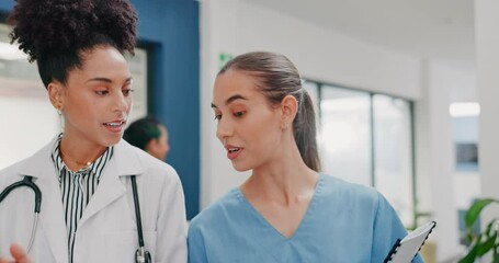 Canvas Print - Women doctors, talking or walking in hospital in teamwork, nurse collaboration or surgery research. Smile, happy or healthcare workers in planning, communication or discussion for medicine treatment