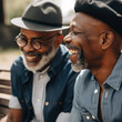 © Trinette Reed - Two black men friends talking and connecting in park outdoors. Generative AI.