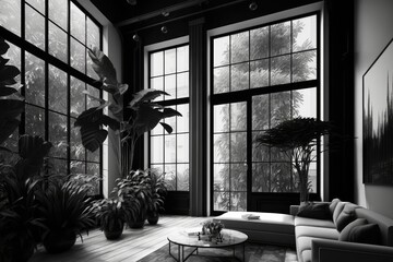 Wall Mural - black and white room with windows jungle interior design, created with generative ai