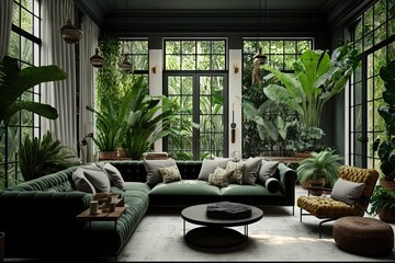 Poster - tropical living room with sofas green plants jungle interior design, created with generative ai