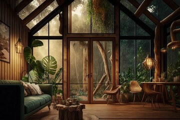 Poster - comfortable wooden hut in forest with large window jungle interior design, created with generative ai