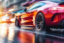  A Red Sports Car Driving Down A City Street In The Rain With A Blurry Background Of Buildings And Cars On The Street And A Wet Surface.  Generative Ai